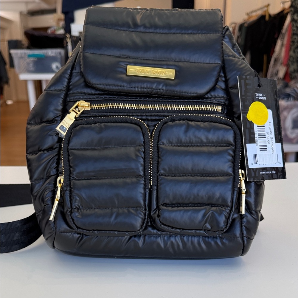 THINK ROYLN Black Quilted Nylon Mini Backpack with Gold Hardware